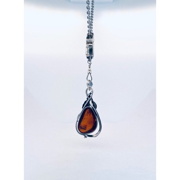 Estate Sterling Silver 925 Necklace w/ Large Amber Art Nouveau Pendant 26” - Picture 3 of 11
